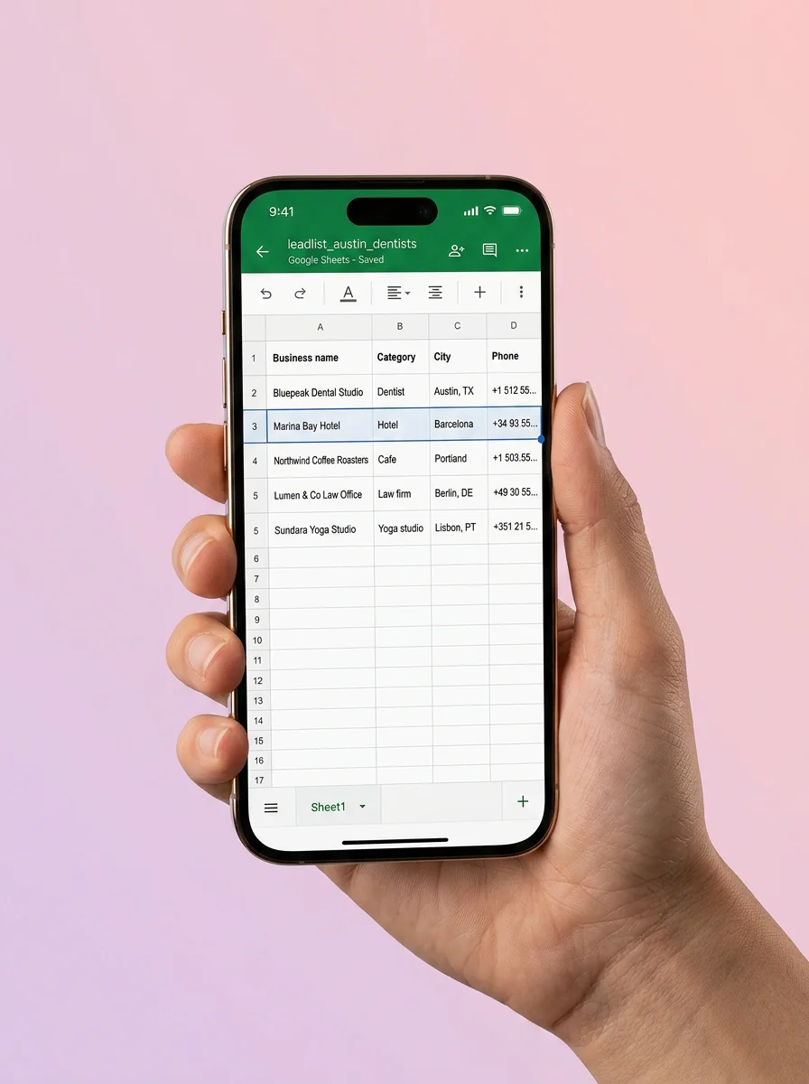 A hand holding a smartphone with the LeadList Google Sheet open