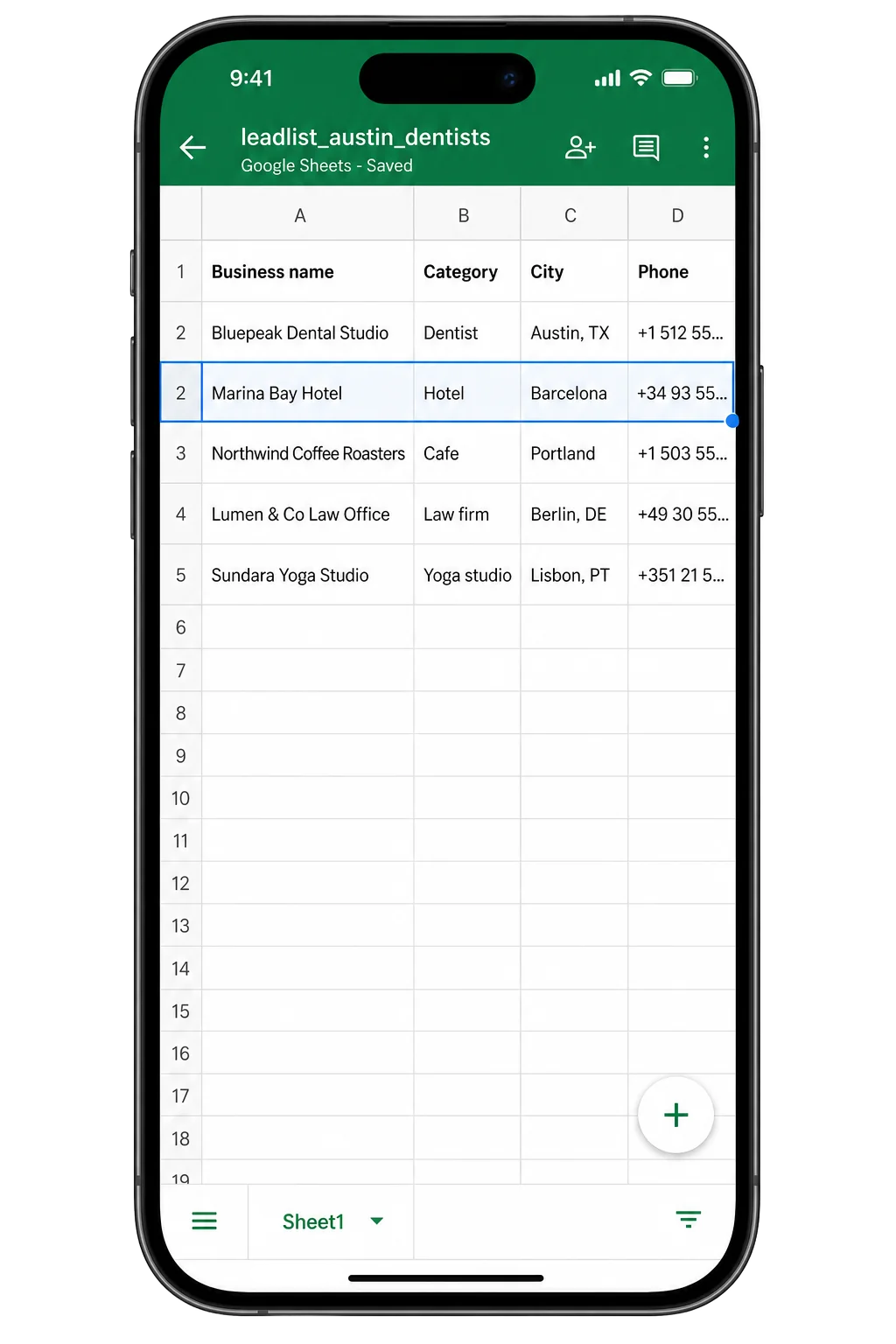 Smartphone with the LeadList Google Sheet open